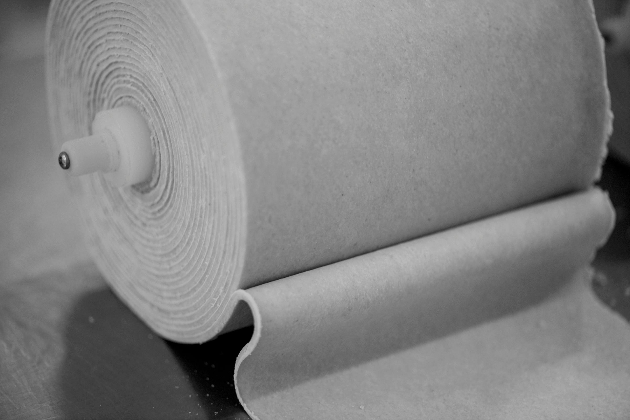 Lámina de pasta saliendo del rodillo en la fábrica de Il Castello