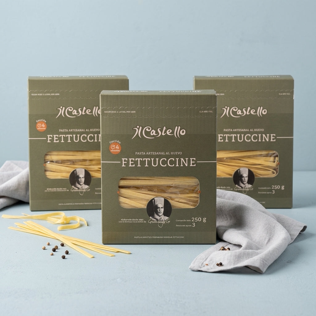 Tres estuches de fettuccine artesanal Il Castello