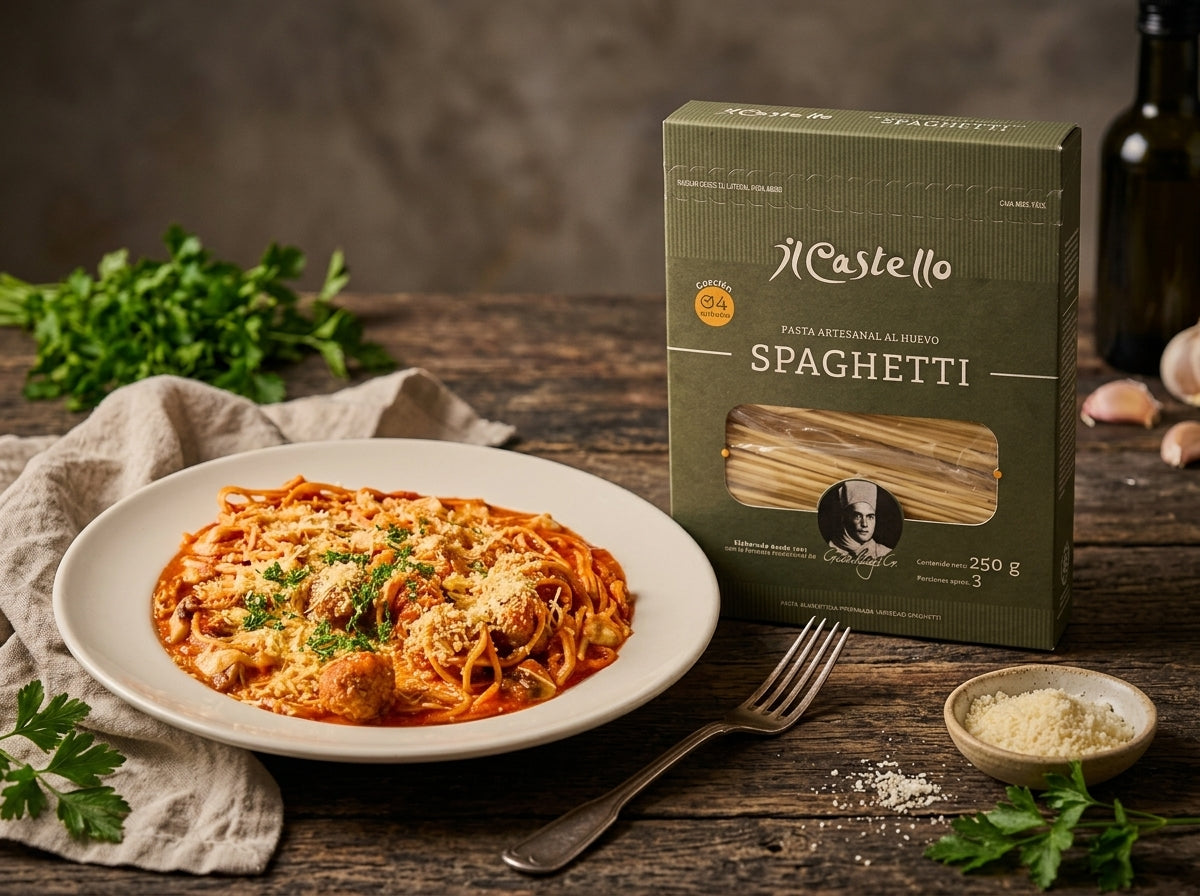 Plato de spaghetti a la napolitana con albóndigas junto al estuche de spaghetti Il Castello