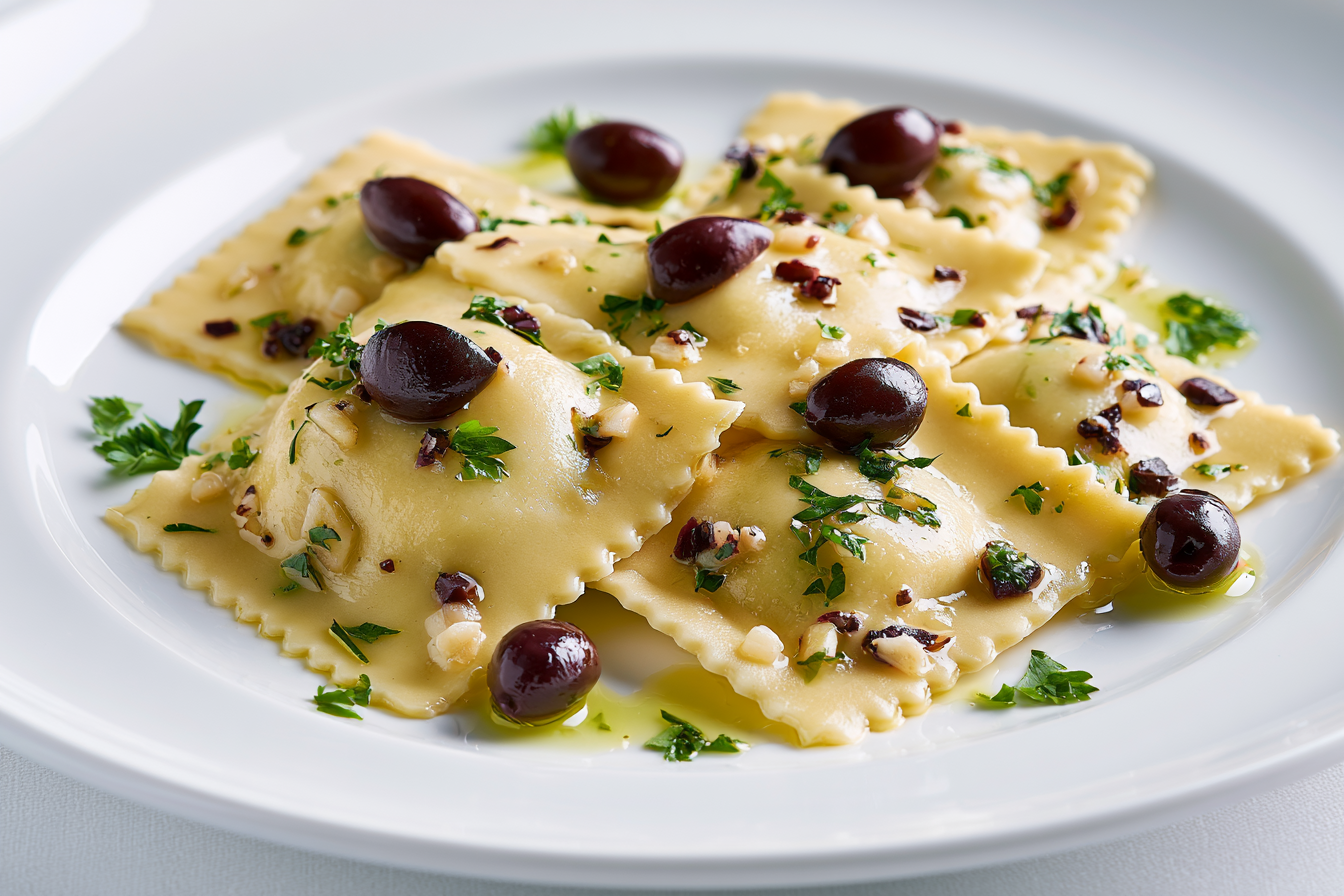 Ravioli de pollo con aceitunas, ajo y perejil